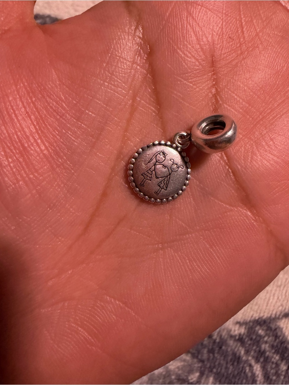 Pandora Silver Round Dangle Charm with Engraved Couple